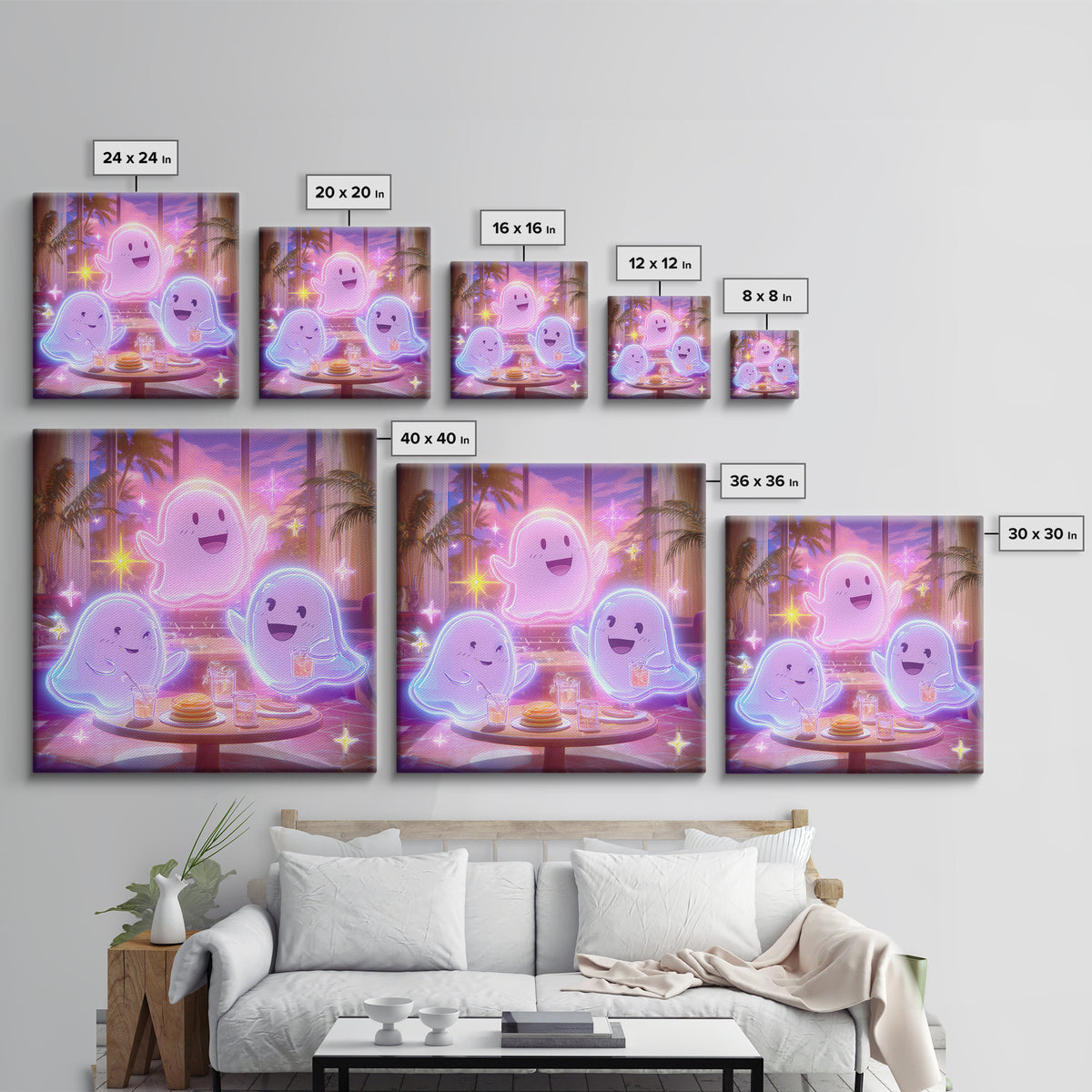 The Ghost Family Breakfast, Retro Neon Halloween Art, Square Wall Art, Framed Canvas Print, Retro Halloween Decor, Neon Wall Art