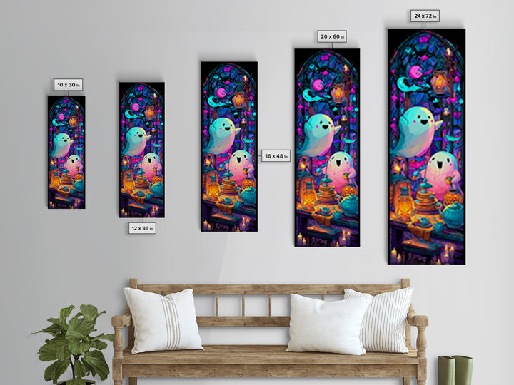 The Ghost Family Breakfast, Vaporwave Halloween Decor, Tall Narrow Wall Art, Canvas Print, Retro Halloween Decor, Neon Wall Art