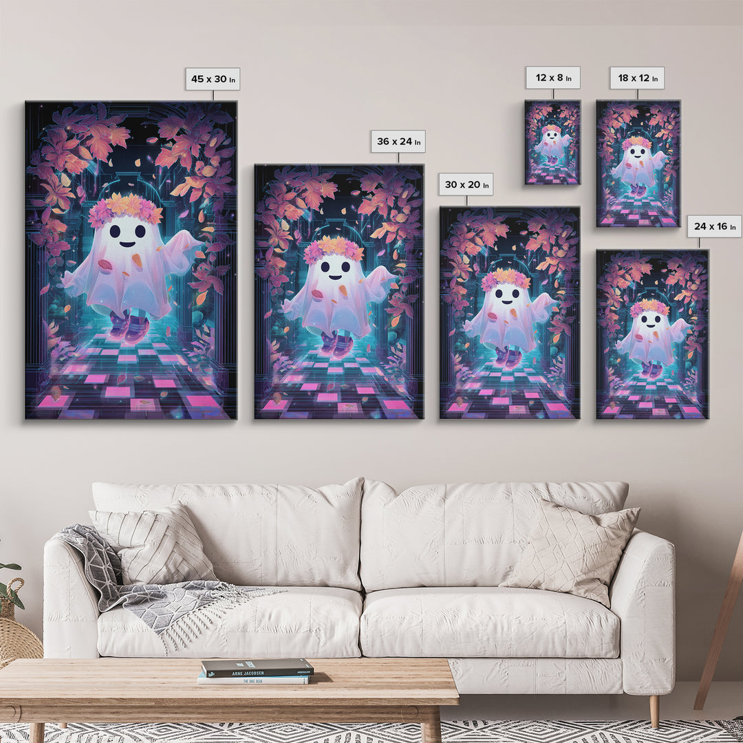 The Ghost With A Flower Crown, Retro Neon Halloween Art, Vertical Wall Art, Framed Canvas Print, Retro Halloween Decor, Neon Wall Art
