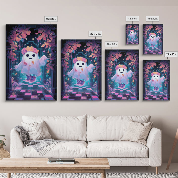The Ghost With A Flower Crown, Retro Neon Halloween Art, Vertical Wall Art, Framed Canvas Print, Retro Halloween Decor, Neon Wall Art