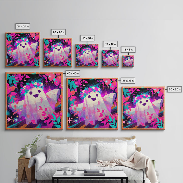 The Ghost With A Flower Crown, Vaporwave Halloween Decor, Square Wall Art, Canvas Print, Retro Halloween Decor, Neon Wall Art