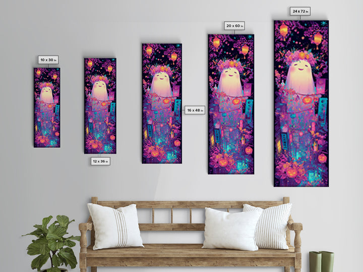 The Ghost With A Flower Crown, Synthwave Halloween Art, Tall Narrow Wall Art, Canvas Print, Retro Halloween Decor, Neon Wall Art
