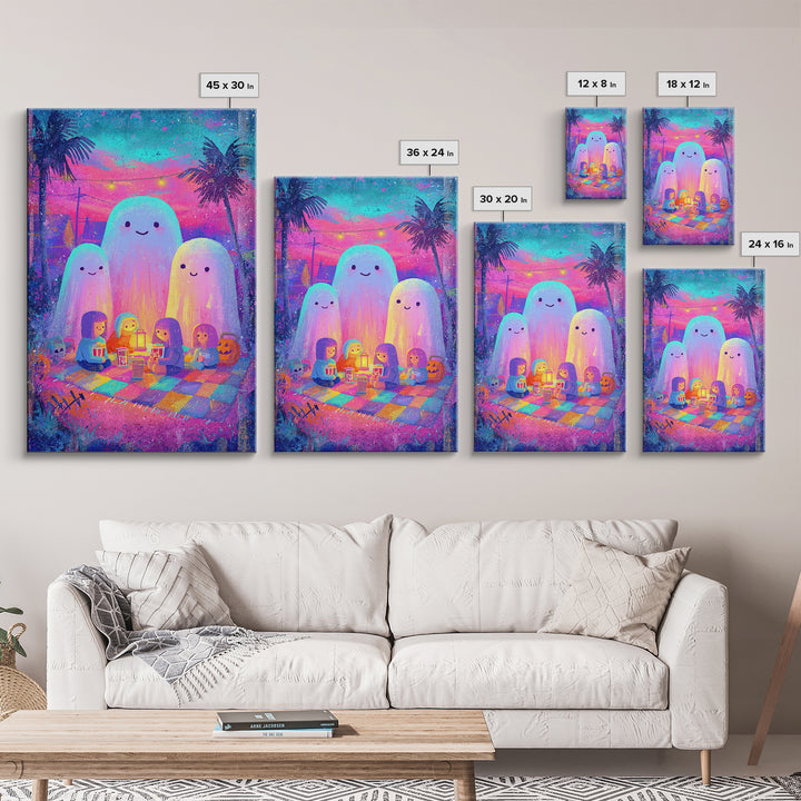 The Sleepy Blanket Ghost, Cute Spooky Neon Art, Vertical Wall Art, Canvas Print, Retro Halloween Decor, Neon Wall Art, Spooky Wall Decor