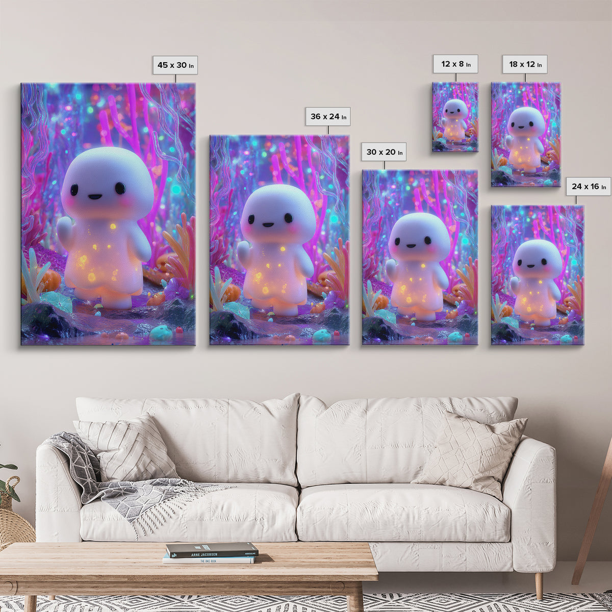 The Ghost And Firefly Friends, Synthwave Halloween Art, Vertical Wall Art, Framed Canvas Print, Retro Halloween Decor, Neon Wall Art