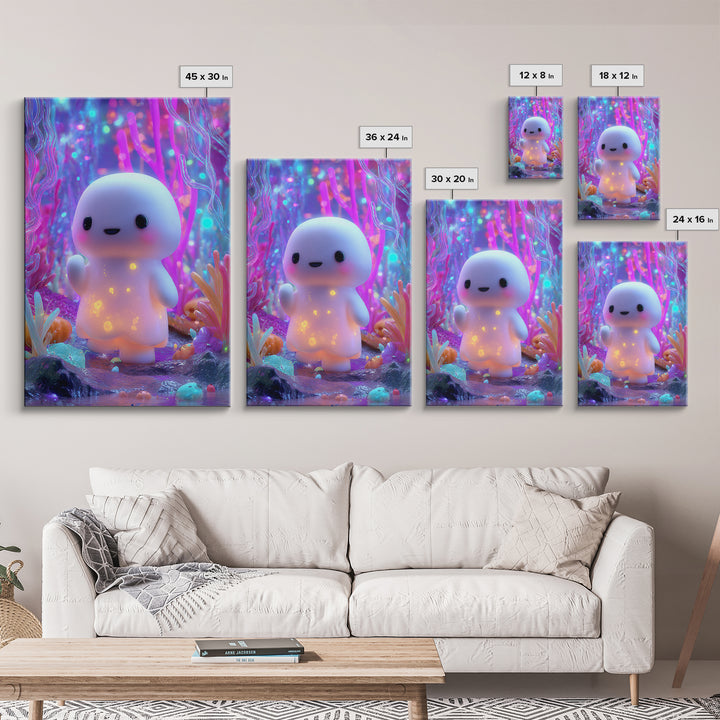 The Ghost And Firefly Friends, Synthwave Halloween Art, Vertical Wall Art, Framed Canvas Print, Retro Halloween Decor, Neon Wall Art