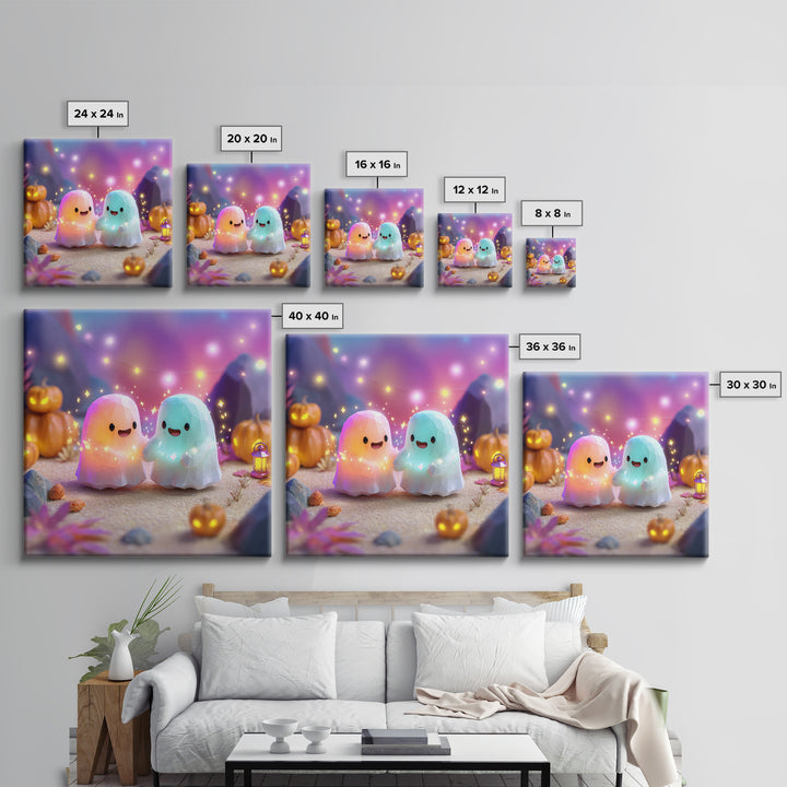 The Ghost And Firefly Friends, Cute Spooky Neon Art, Square Wall Art, Framed Canvas Print, Retro Halloween Decor, Neon Wall Art