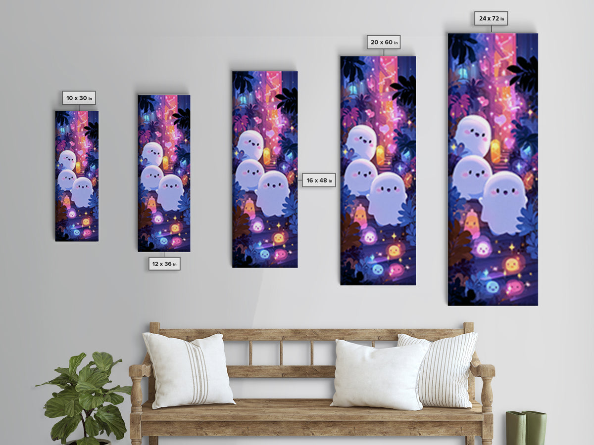 The Ghost And Firefly Friends, Vaporwave Halloween Decor, Tall Narrow Wall Art, Canvas Print, Retro Halloween Decor, Neon Wall Art