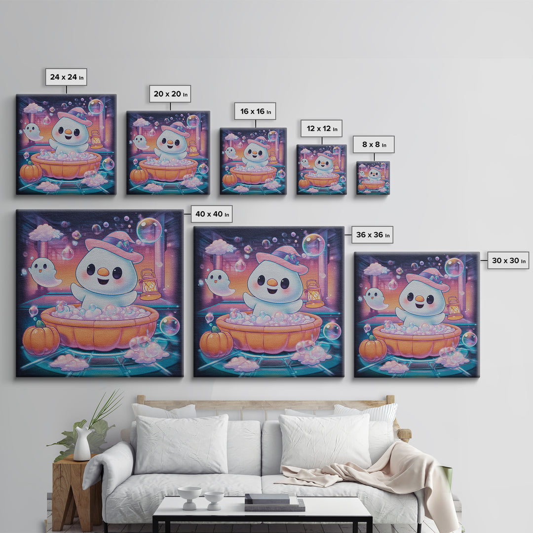 The Ghost Bubble Bath, Vaporwave Halloween Decor, Square Wall Art, Canvas Print, Retro Halloween Decor, Neon Wall Art, Halloween Wall Art