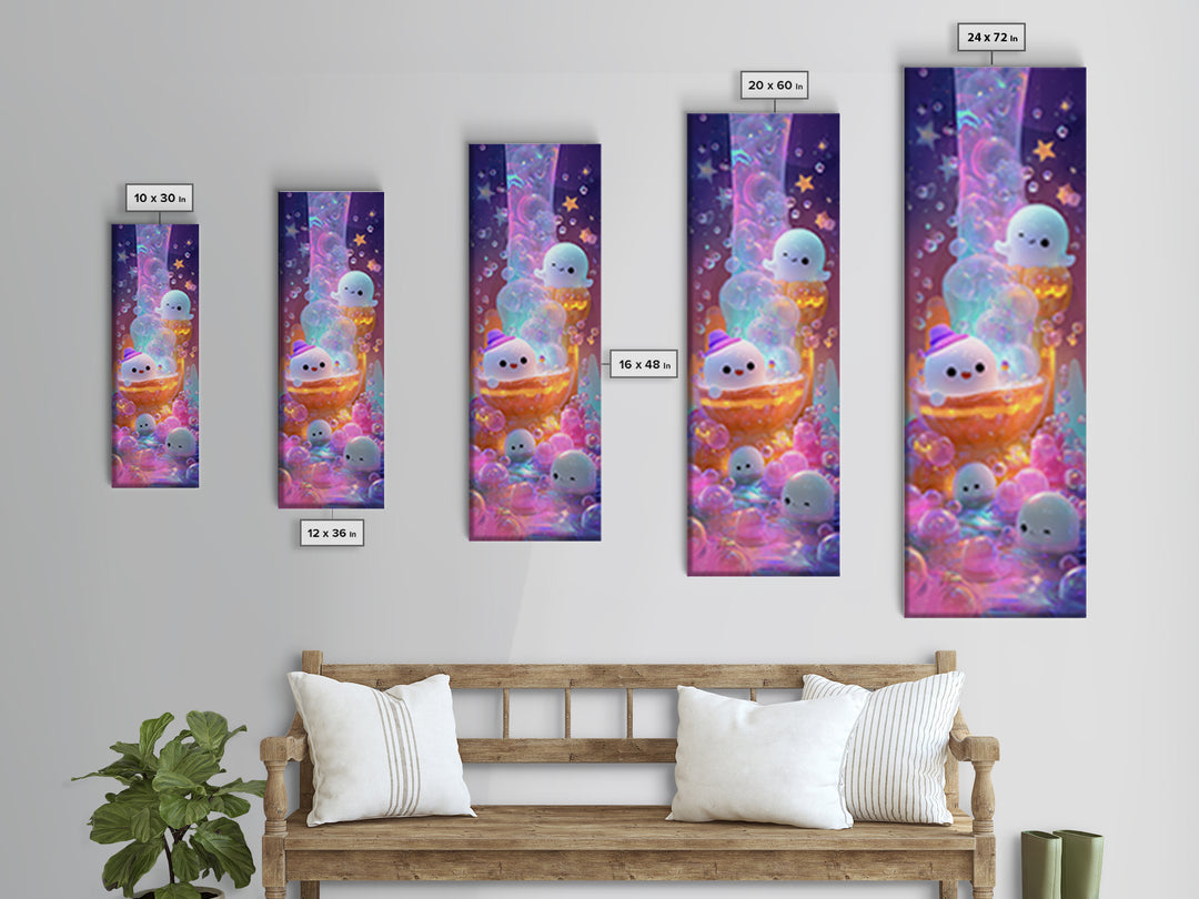 The Ghost Bubble Bath, Cute Spooky Neon Art, Tall Narrow Wall Art, Canvas Print, Retro Halloween Decor, Neon Wall Art, Seasonal Home Decor