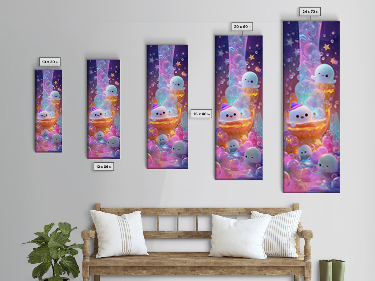 The Ghost Bubble Bath, Cute Spooky Neon Art, Tall Narrow Wall Art, Canvas Print, Retro Halloween Decor, Neon Wall Art, Seasonal Home Decor