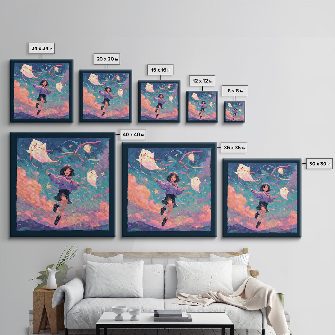 The Ghost Kite Festival, 80s Halloween Wall Art, Square Wall Art, Canvas Print, Retro Halloween Decor, Neon Wall Art, Seasonal Home Decor