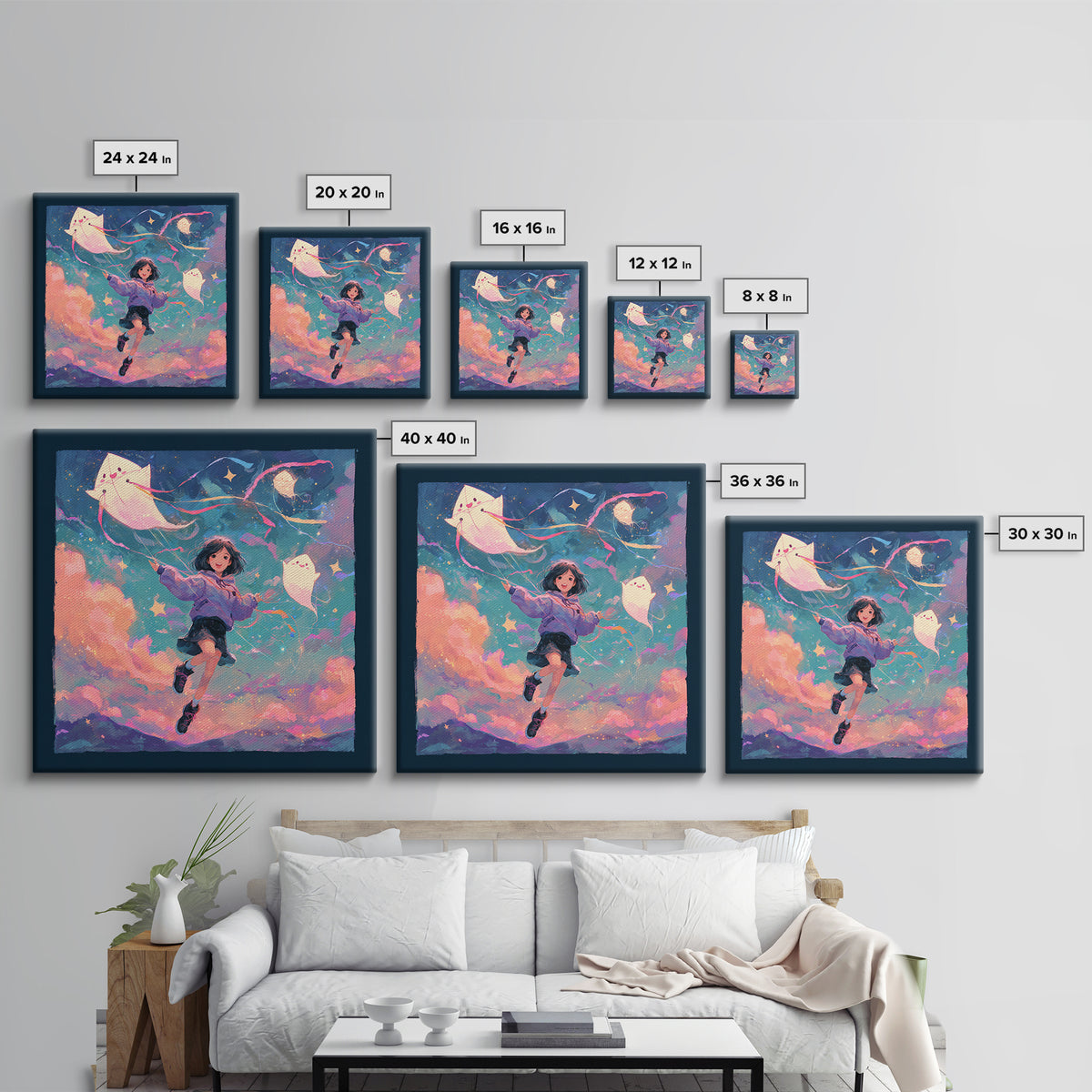 The Ghost Kite Festival, 80s Halloween Wall Art, Square Wall Art, Canvas Print, Retro Halloween Decor, Neon Wall Art, Seasonal Home Decor