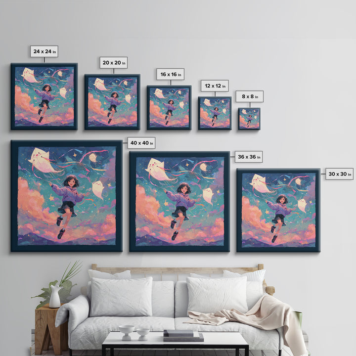 The Ghost Kite Festival, 80s Halloween Wall Art, Square Wall Art, Canvas Print, Retro Halloween Decor, Neon Wall Art, Seasonal Home Decor