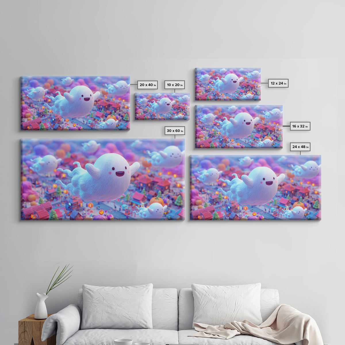The Ghost Kite Festival, 80s Halloween Wall Art, Wide Panoramic Art, Framed Canvas Print, Retro Halloween Decor, Neon Wall Art