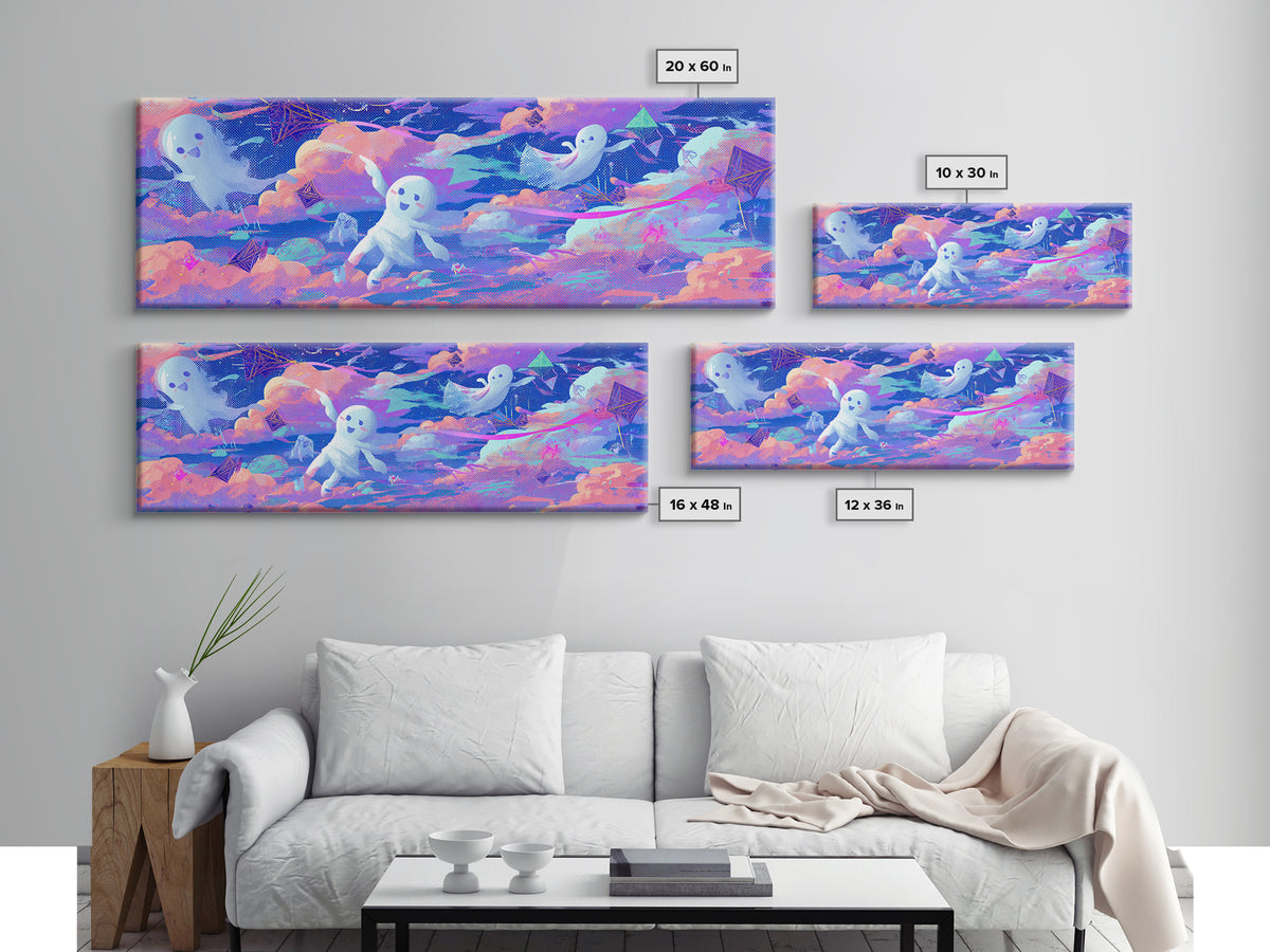 The Ghost Kite Festival, Retro Neon Halloween Art, Extra Wide Wall Art, Canvas Print, Retro Halloween Decor, Neon Wall Art