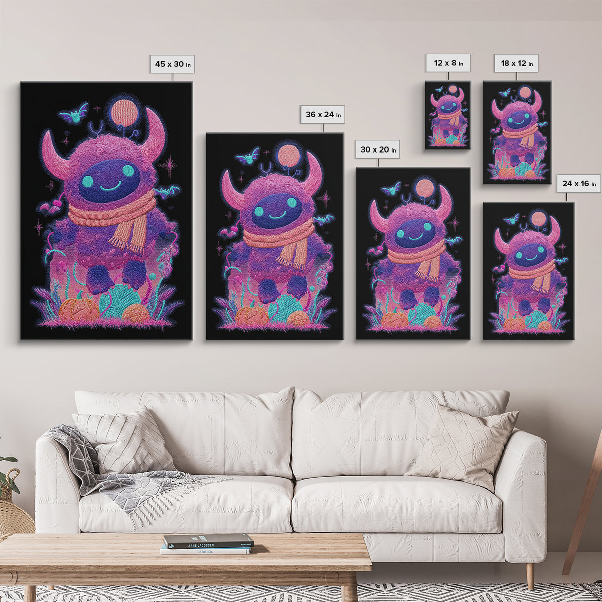 The Fuzzy Purple Monster, Synthwave Halloween Art, Vertical Wall Art, Canvas Print, Retro Halloween Decor, Neon Wall Art, Macabre Wall Art
