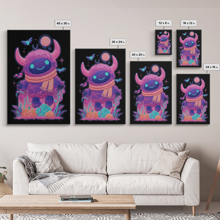 The Fuzzy Purple Monster, Synthwave Halloween Art, Vertical Wall Art, Canvas Print, Retro Halloween Decor, Neon Wall Art, Macabre Wall Art