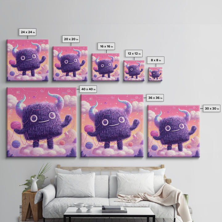 The Fuzzy Purple Monster, Vaporwave Halloween Decor, Square Wall Art, Framed Canvas Print, Retro Halloween Decor, Neon Wall Art