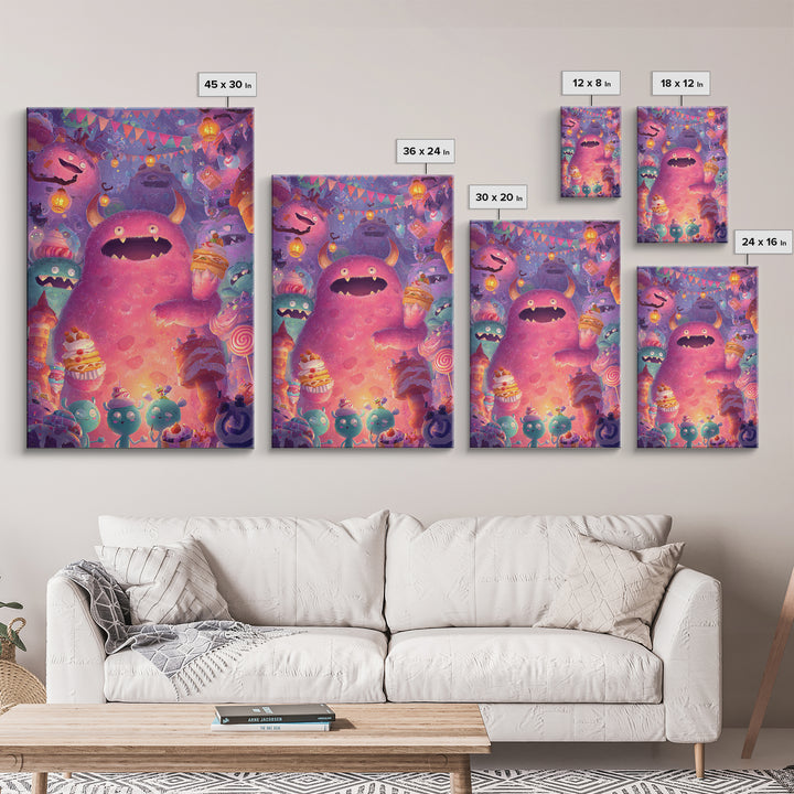The Polka-Dot Monster, Vaporwave Halloween Decor, Vertical Wall Art, Framed Canvas Print, Retro Halloween Decor, Neon Wall Art
