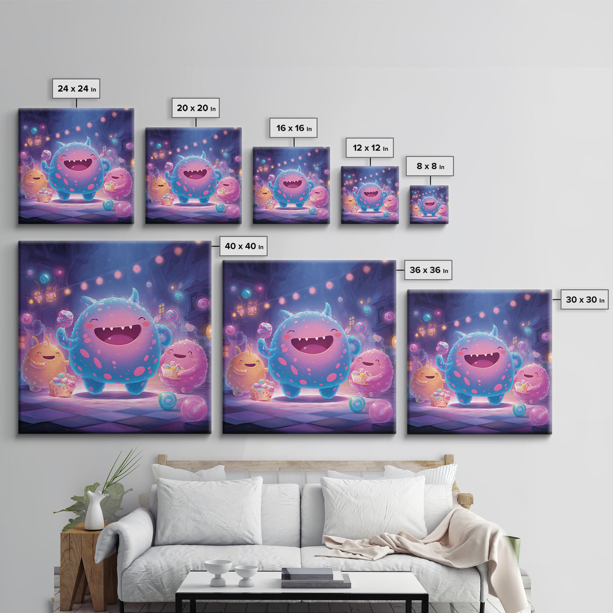 The Polka-Dot Monster, Synthwave Halloween Art, Square Wall Art, Framed Canvas Print, Retro Halloween Decor, Neon Wall Art