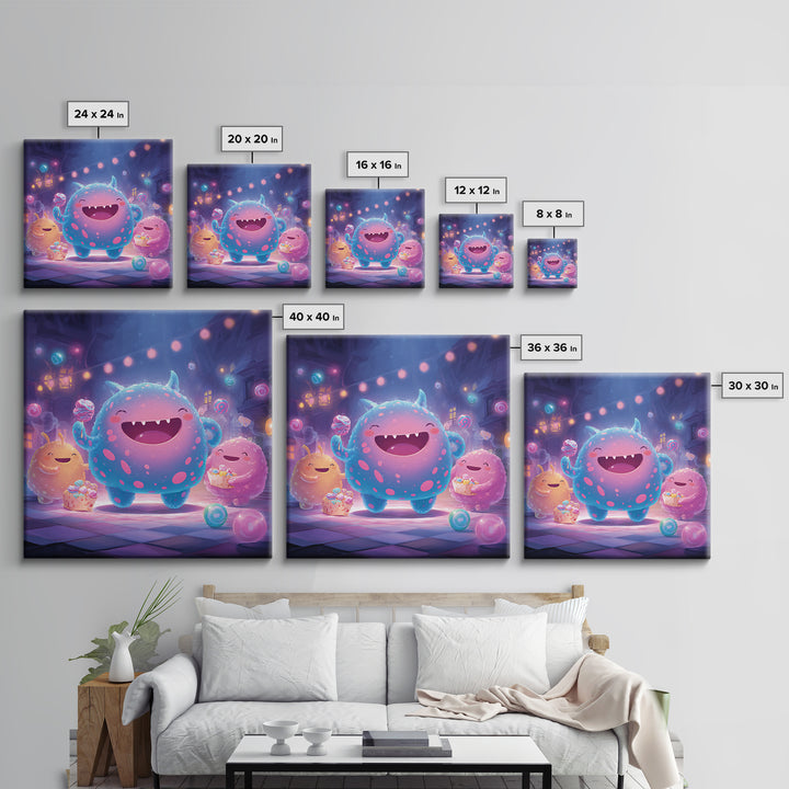 The Polka-Dot Monster, Synthwave Halloween Art, Square Wall Art, Framed Canvas Print, Retro Halloween Decor, Neon Wall Art