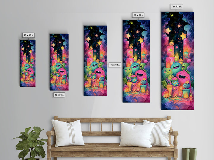 The Polka-Dot Monster, Retro Neon Halloween Art, Tall Narrow Wall Art, Canvas Print, Retro Halloween Decor, Neon Wall Art, Dark Fantasy Art