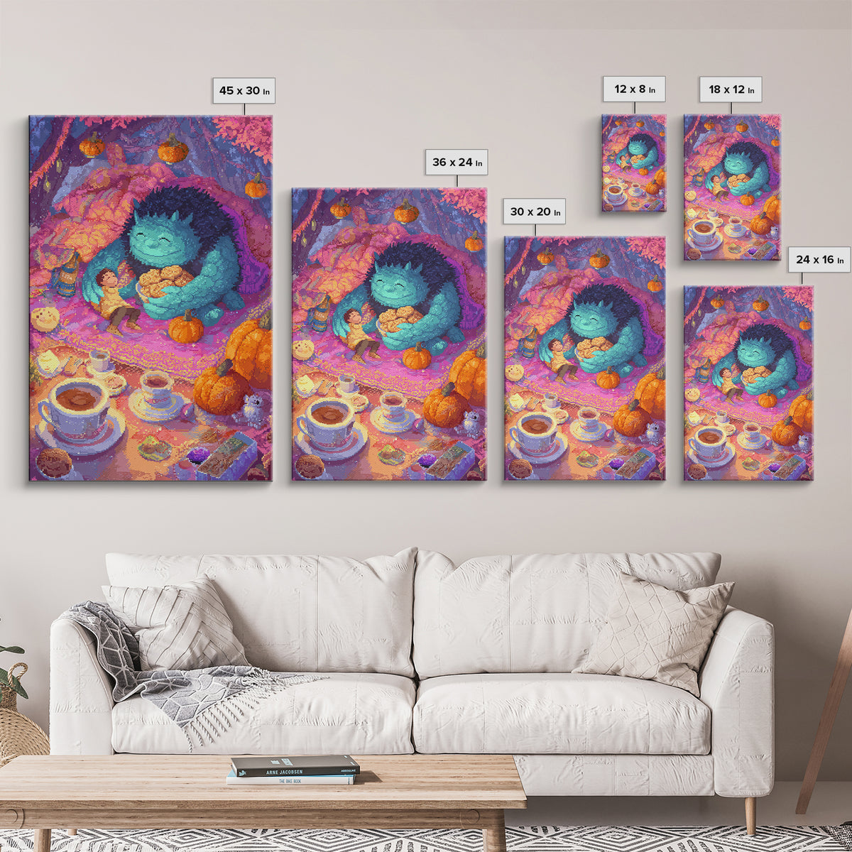 The Monster Under The Bed Tea Party, Retro Neon Halloween Art, Vertical Wall Art, Canvas Print, Retro Halloween Decor, Neon Wall Art