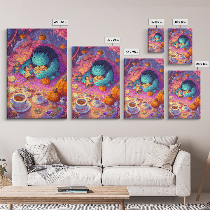 The Monster Under The Bed Tea Party, Retro Neon Halloween Art, Vertical Wall Art, Canvas Print, Retro Halloween Decor, Neon Wall Art