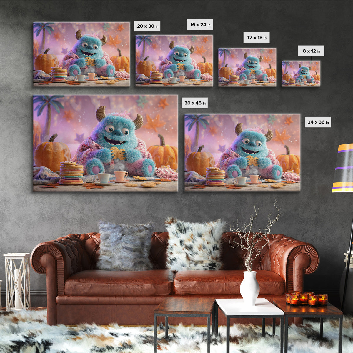 The Monster Under The Bed Tea Party, Vaporwave Halloween Decor, Landscape Wall Art, Canvas Print, Retro Halloween Decor, Neon Wall Art
