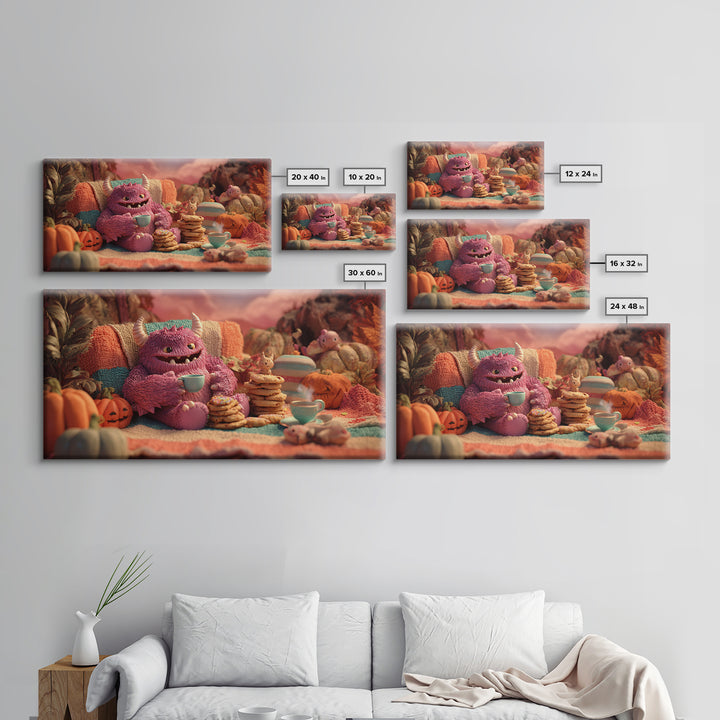 The Monster Under The Bed Tea Party, Vaporwave Halloween Decor, Wide Panoramic Art, Framed Canvas Print, Retro Halloween Decor