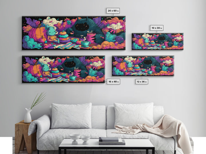 The Monster Under The Bed Tea Party, Synthwave Halloween Art, Extra Wide Wall Art, Canvas Print, Retro Halloween Decor, Neon Wall Art