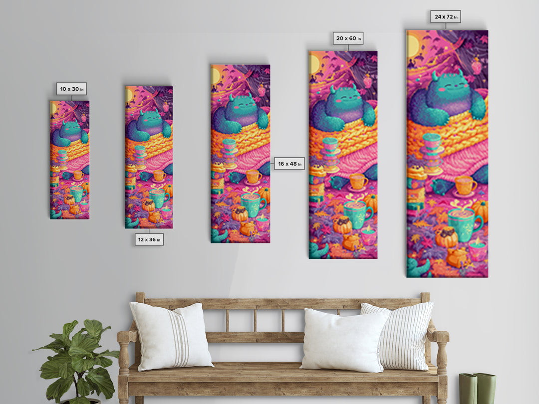 The Monster Under The Bed Tea Party, Retro Neon Halloween Art, Tall Narrow Wall Art, Framed Canvas Print, Retro Halloween Decor