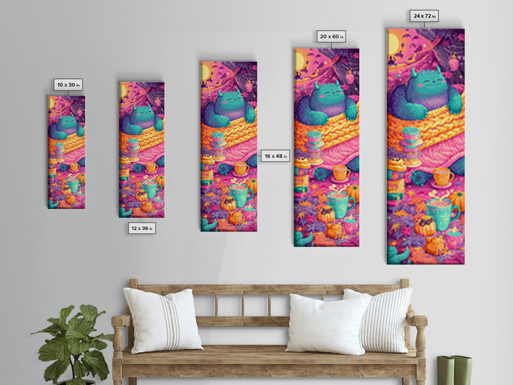 The Monster Under The Bed Tea Party, Retro Neon Halloween Art, Tall Narrow Wall Art, Framed Canvas Print, Retro Halloween Decor