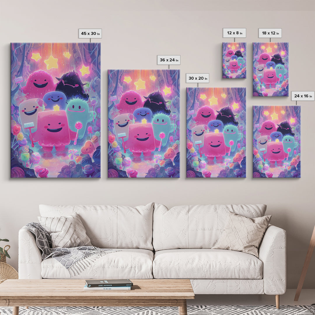 The Monster Toothbrush Club, Vaporwave Halloween Decor, Vertical Wall Art, Framed Canvas Print, Retro Halloween Decor, Neon Wall Art