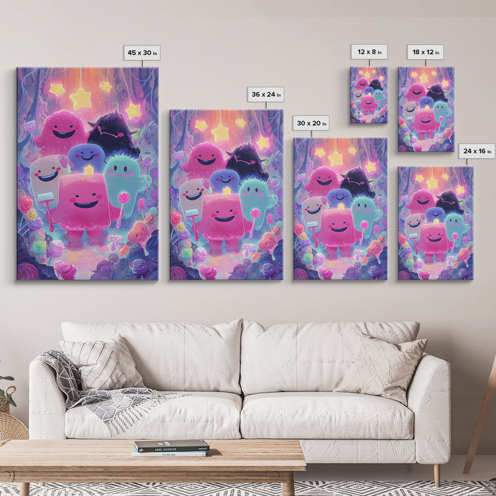 The Monster Toothbrush Club, Vaporwave Halloween Decor, Vertical Wall Art, Framed Canvas Print, Retro Halloween Decor, Neon Wall Art