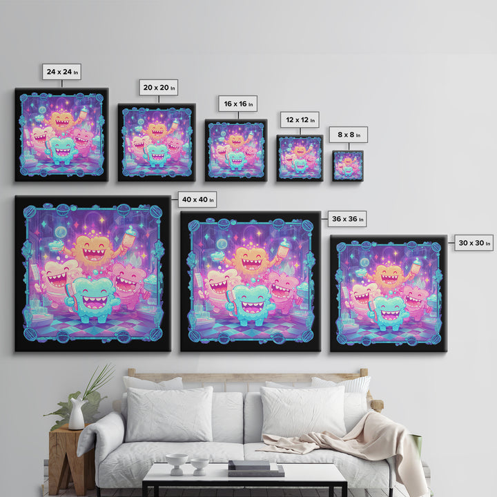 The Monster Toothbrush Club, Vaporwave Halloween Decor, Square Wall Art, Canvas Print, Retro Halloween Decor, Neon Wall Art