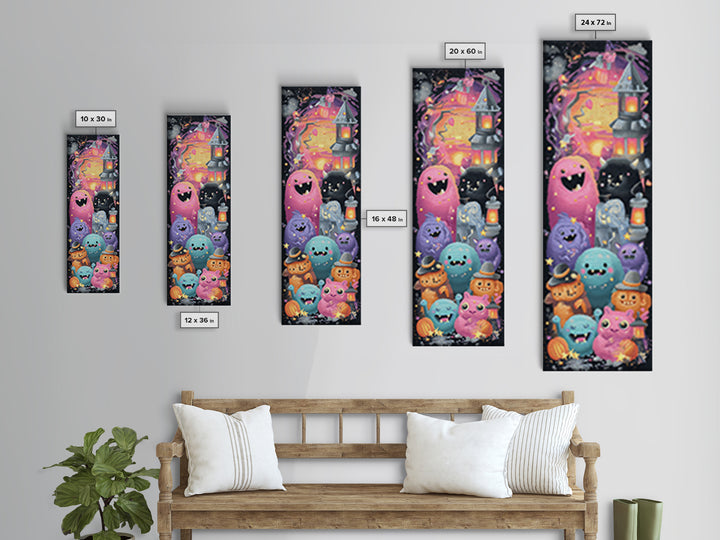 The Monster Toothbrush Club, Retro Neon Halloween Art, Tall Narrow Wall Art, Canvas Print, Retro Halloween Decor, Neon Wall Art