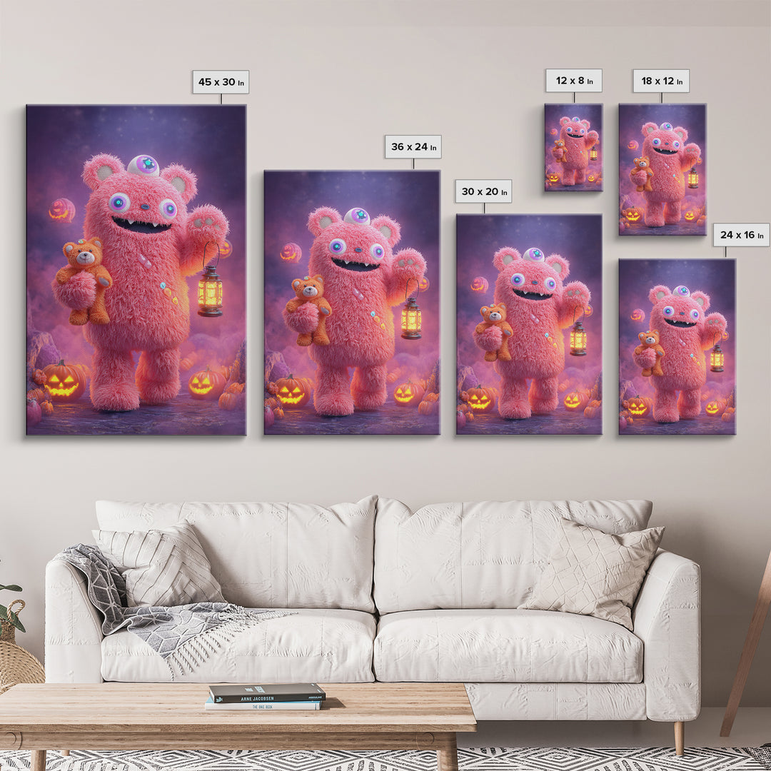 The Three-Eyed Teddy Monster, 80s Halloween Wall Art, Vertical Wall Art, Framed Canvas Print, Retro Halloween Decor, Neon Wall Art