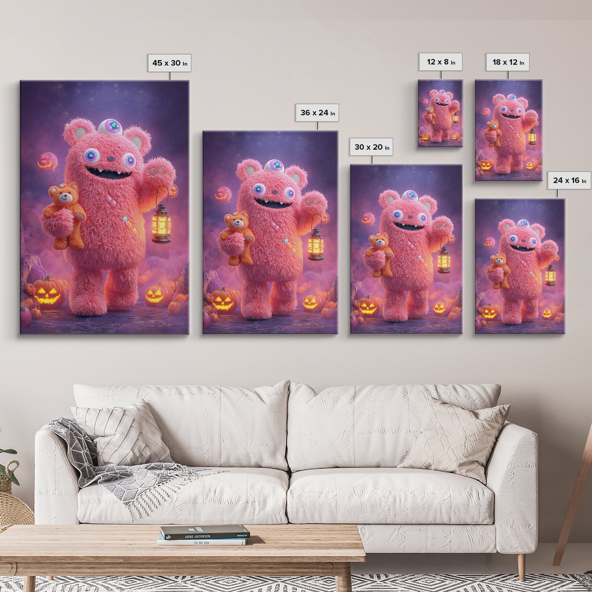 The Three-Eyed Teddy Monster, 80s Halloween Wall Art, Vertical Wall Art, Framed Canvas Print, Retro Halloween Decor, Neon Wall Art