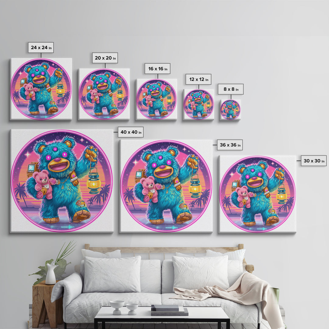 The Three-Eyed Teddy Monster, Cute Spooky Neon Art, Square Wall Art, Framed Canvas Print, Retro Halloween Decor, Neon Wall Art