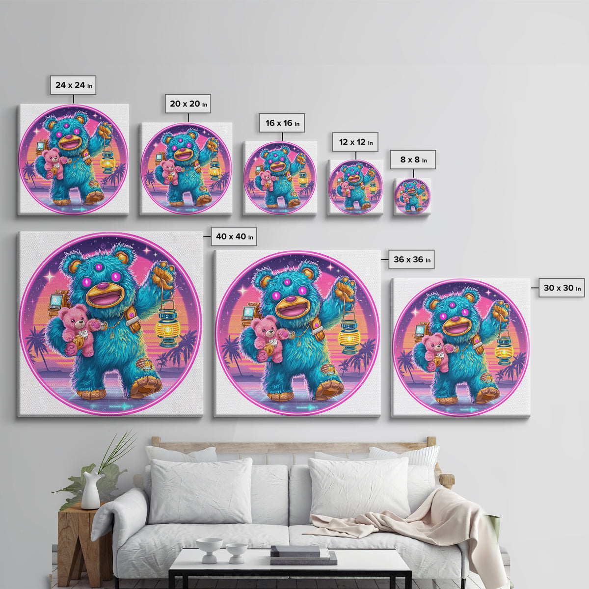 The Three-Eyed Teddy Monster, Cute Spooky Neon Art, Square Wall Art, Framed Canvas Print, Retro Halloween Decor, Neon Wall Art