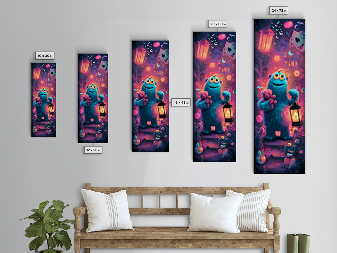 The Three-Eyed Teddy Monster, Vaporwave Halloween Decor, Tall Narrow Wall Art, Framed Canvas Print, Retro Halloween Decor, Neon Wall Art