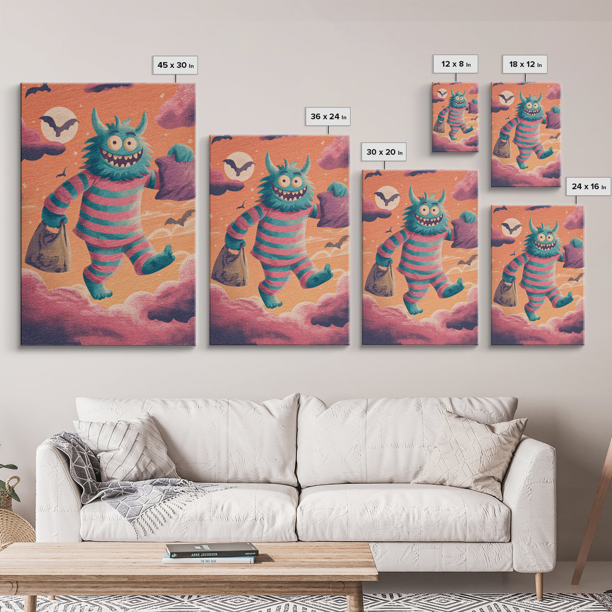 The Monster Pajama Parade, Synthwave Halloween Art, Vertical Wall Art, Framed Canvas Print, Retro Halloween Decor, Neon Wall Art