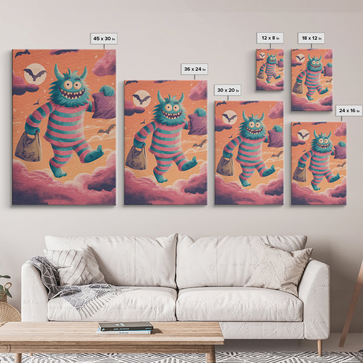 The Monster Pajama Parade, Synthwave Halloween Art, Vertical Wall Art, Framed Canvas Print, Retro Halloween Decor, Neon Wall Art