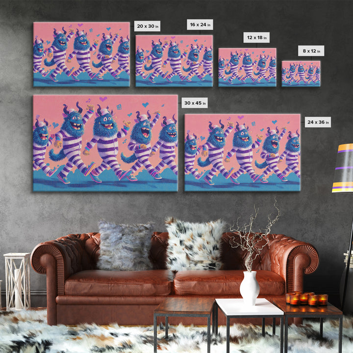 The Monster Pajama Parade, Vaporwave Halloween Decor, Landscape Wall Art, Canvas Print, Retro Halloween Decor, Neon Wall Art