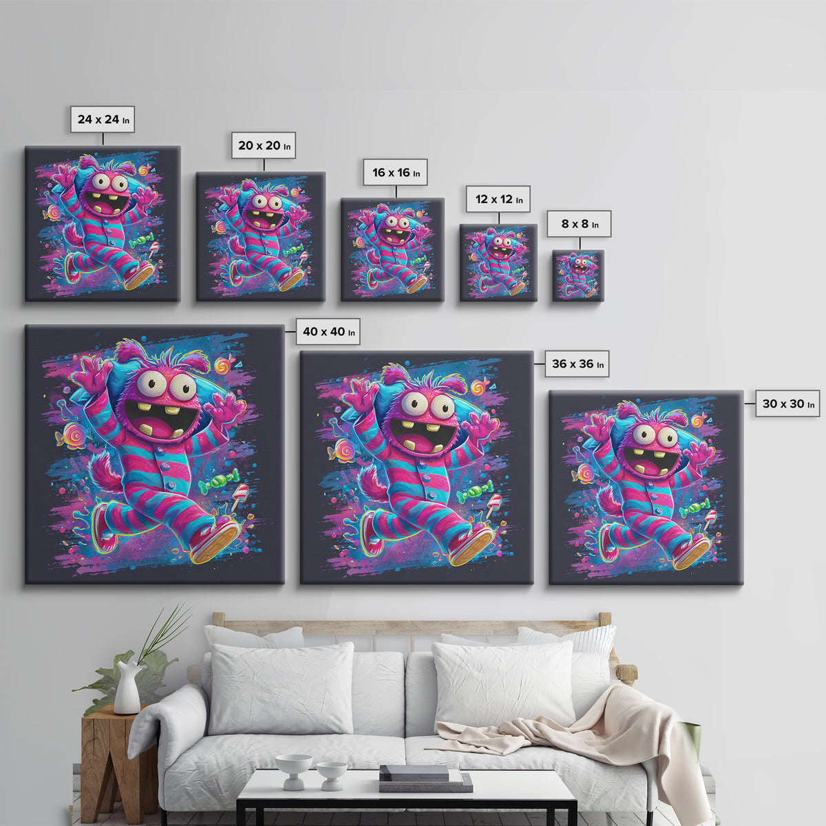 The Monster Pajama Parade, Vaporwave Halloween Decor, Square Wall Art, Canvas Print, Retro Halloween Decor, Neon Wall Art