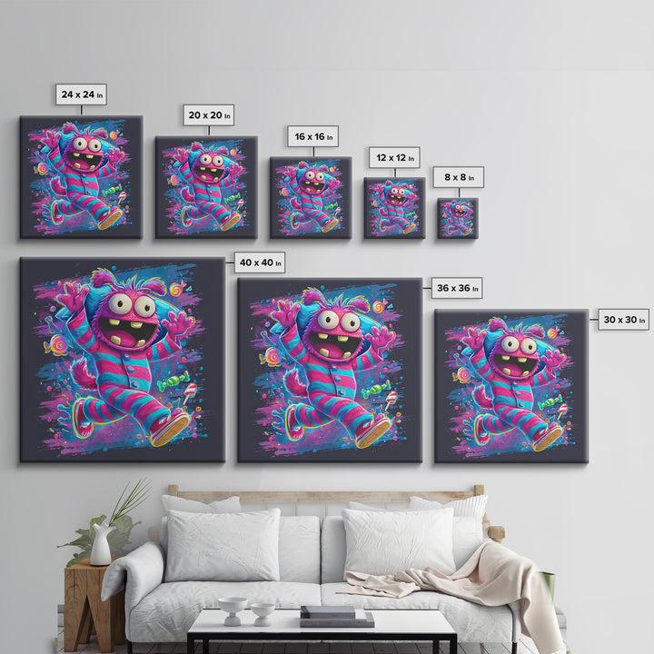 The Monster Pajama Parade, Vaporwave Halloween Decor, Square Wall Art, Canvas Print, Retro Halloween Decor, Neon Wall Art