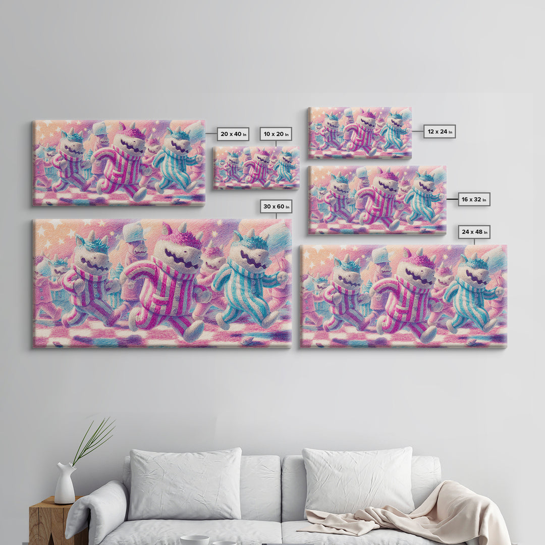 The Monster Pajama Parade, 80s Halloween Wall Art, Wide Panoramic Art, Framed Canvas Print, Retro Halloween Decor, Neon Wall Art