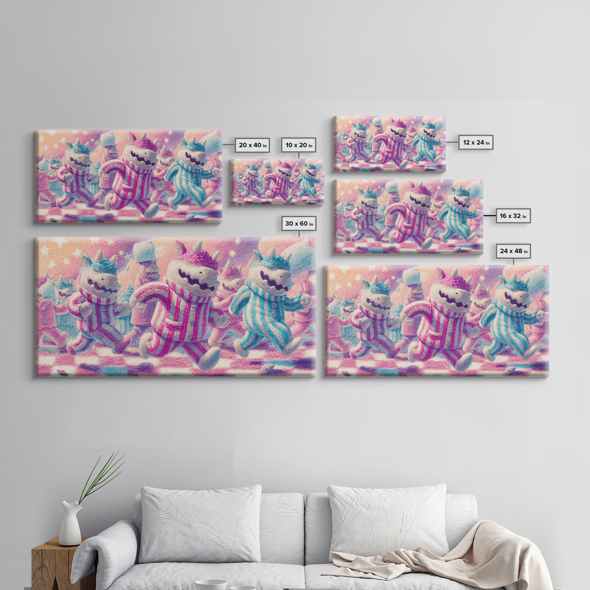 The Monster Pajama Parade, 80s Halloween Wall Art, Wide Panoramic Art, Framed Canvas Print, Retro Halloween Decor, Neon Wall Art