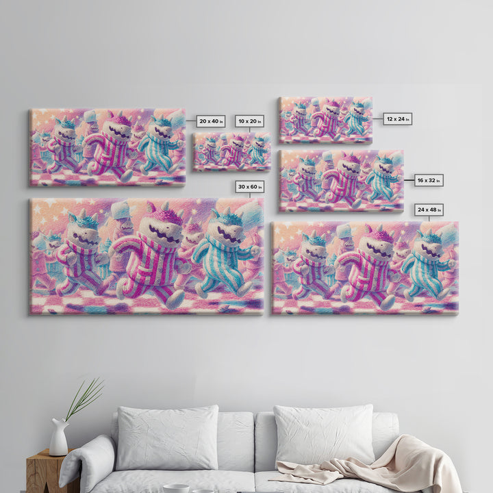 The Monster Pajama Parade, 80s Halloween Wall Art, Wide Panoramic Art, Framed Canvas Print, Retro Halloween Decor, Neon Wall Art